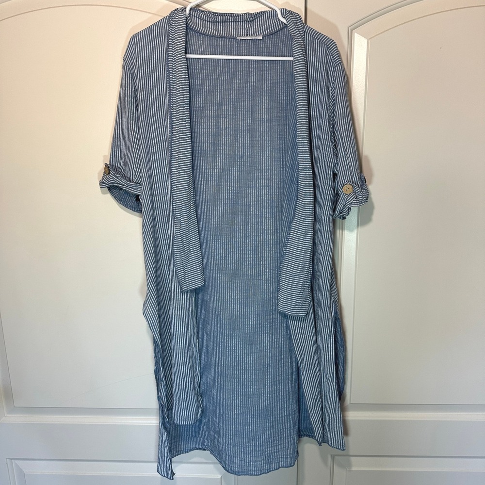 Womens Blue White Striped Open Front Duster Cardigan Made in Italy 100% Cotton S